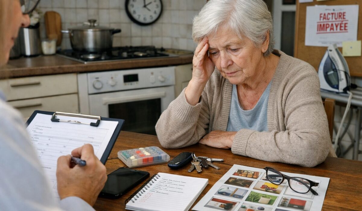 Personne âgée avec troubles de mémoire à domicile lors d’une évaluation clinique avec pilulier, clés, notes et documents sur une table de cuisine