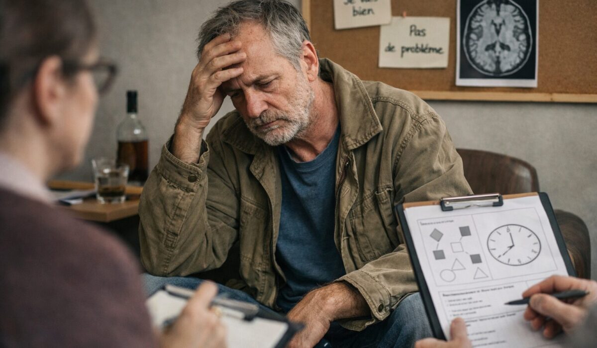 Patient atteint du syndrome de Korsakoff en entretien clinique pour évaluer le refus d’aide lié au déni, à la honte et au déficit cognitif