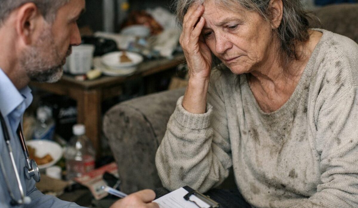 Clinicien évaluant la conscience du trouble chez une personne âgée vivant dans un logement marqué par une incurie ancienne