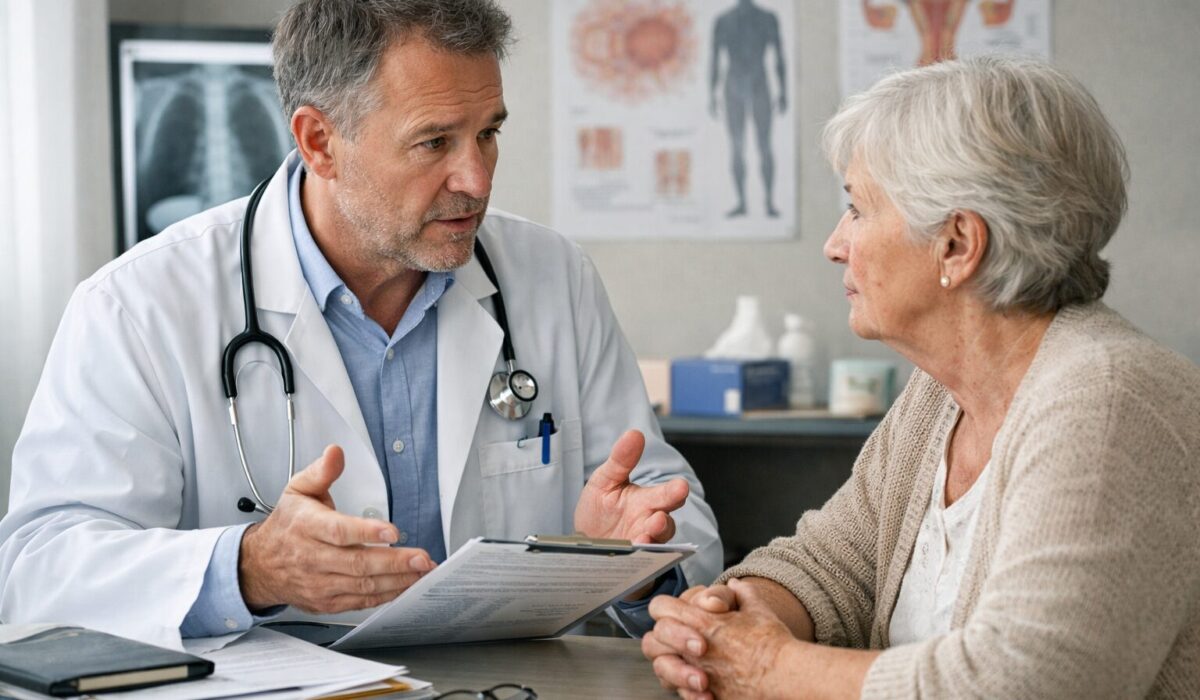 Médecin en consultation expliquant avec précision un sujet médical sensible à une patiente âgée dans un cabinet médical