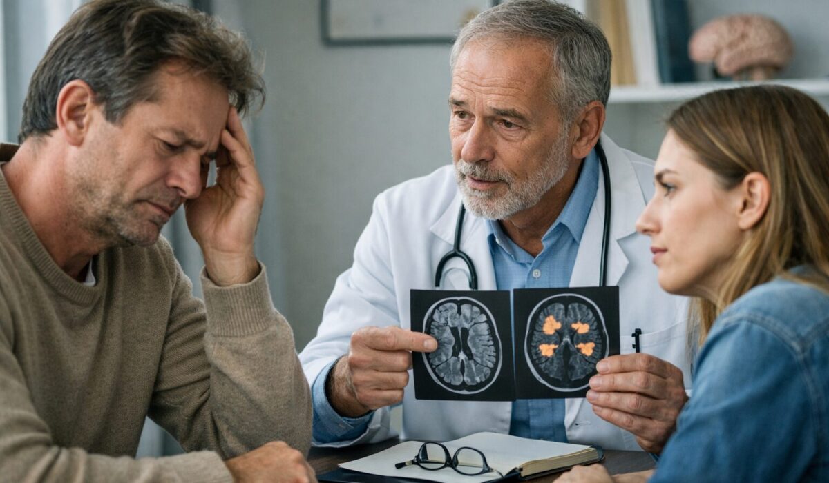 Médecin expliquant les différences entre syndrome de Korsakoff et maladie d’Alzheimer débutante à un patient relativement jeune et à sa proche