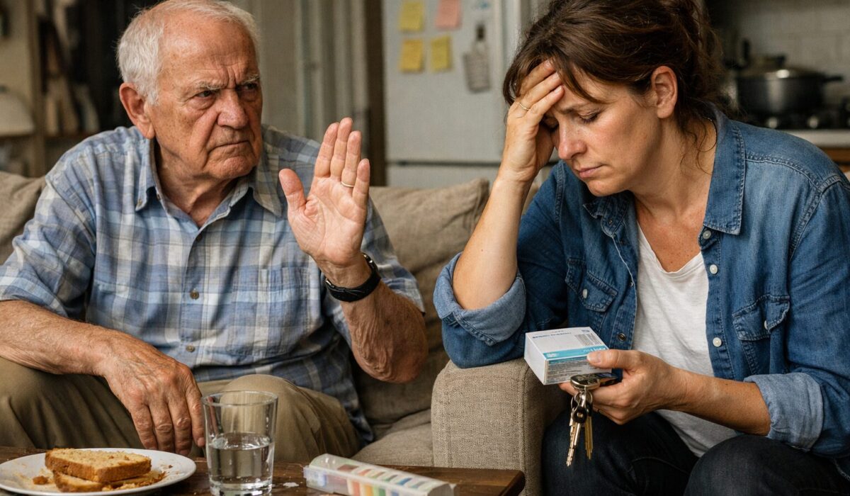 Proche aidante fatiguée tenant des médicaments et des clés face à un patient âgé qui conteste avoir besoin d’aide dans un salon