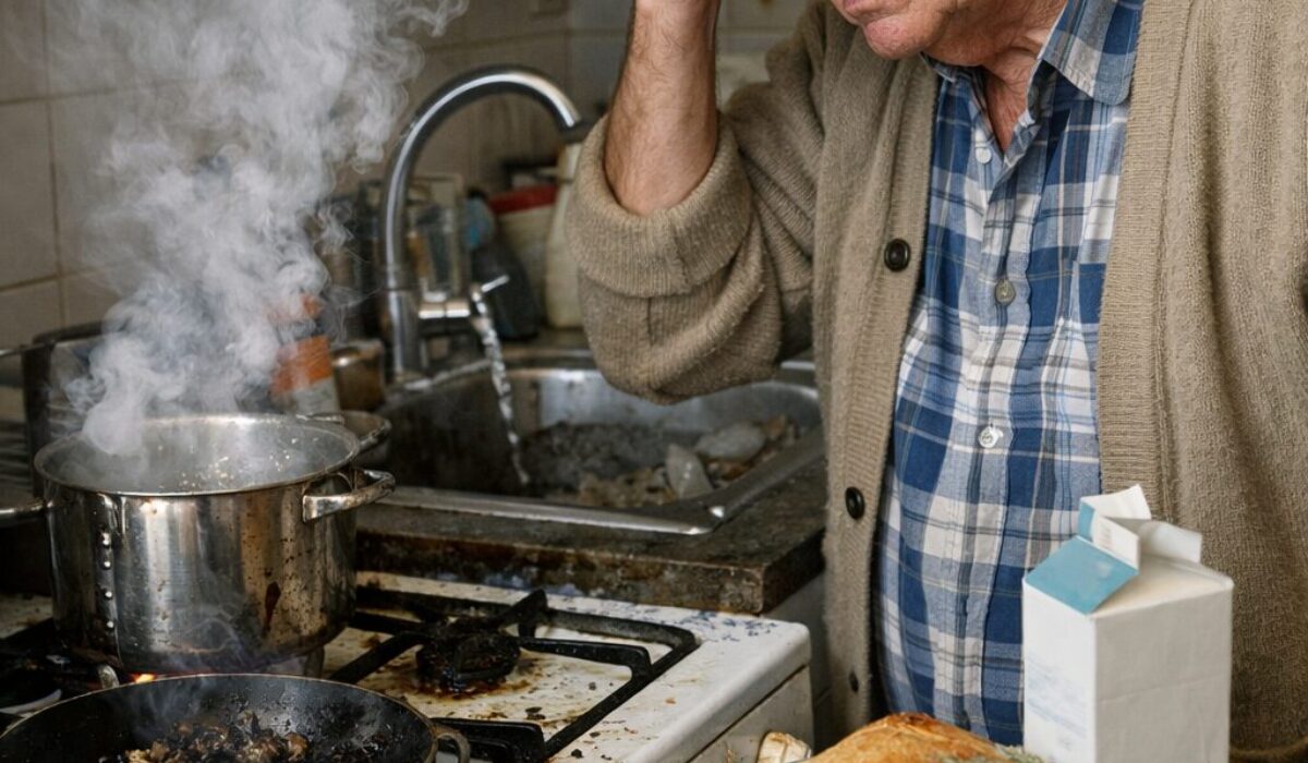 Patient atteint du syndrome de Korsakoff dans une cuisine, oubliant une plaque allumée, avec eau qui coule et aliments avariés sur le plan de travail