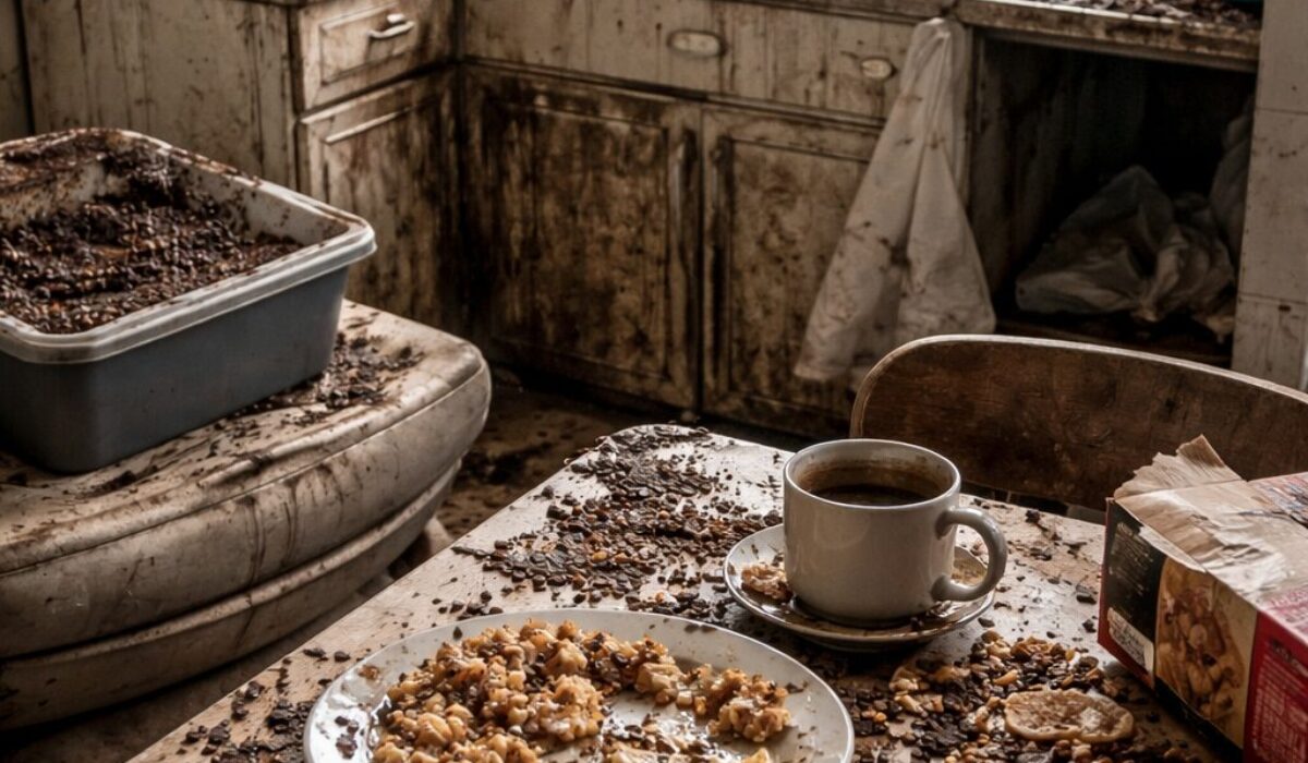 Cuisine d’un domicile fortement insalubre avec table de repas sale, vaisselle souillée et traces de déjections animales dans l’environnement