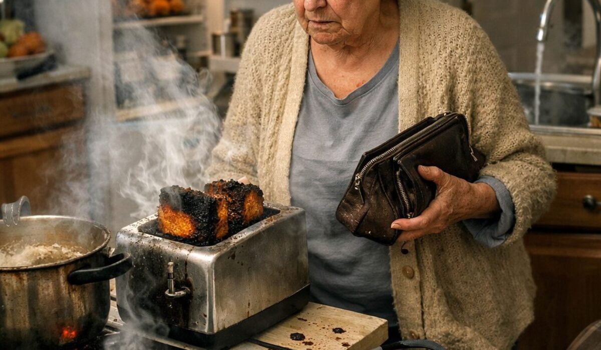 Femme âgée dans une cuisine avec aliments brûlés, médicaments et désordre, illustrant les risques domestiques liés à des troubles mnésiques