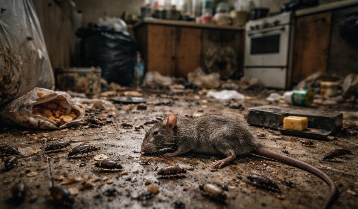 Cuisine très sale avec déchets au sol, présence d’un rat et de nombreux insectes, illustrant une infestation dans un logement insalubre.
