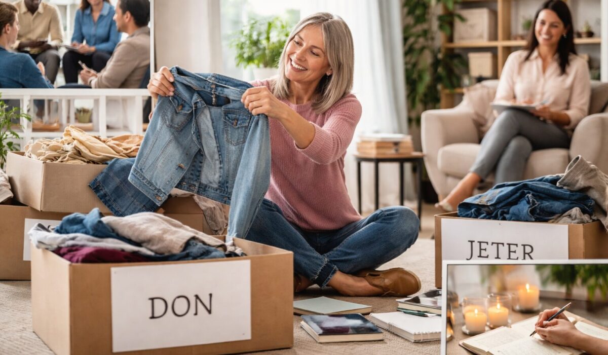 Femme assise au sol dans un salon lumineux, triant des vêtements dans des cartons « DON » et « JETER », tandis qu’une thérapeute et un petit groupe de soutien échangent à l’arrière-plan, et qu’une autre personne écrit dans un carnet de gratitude.