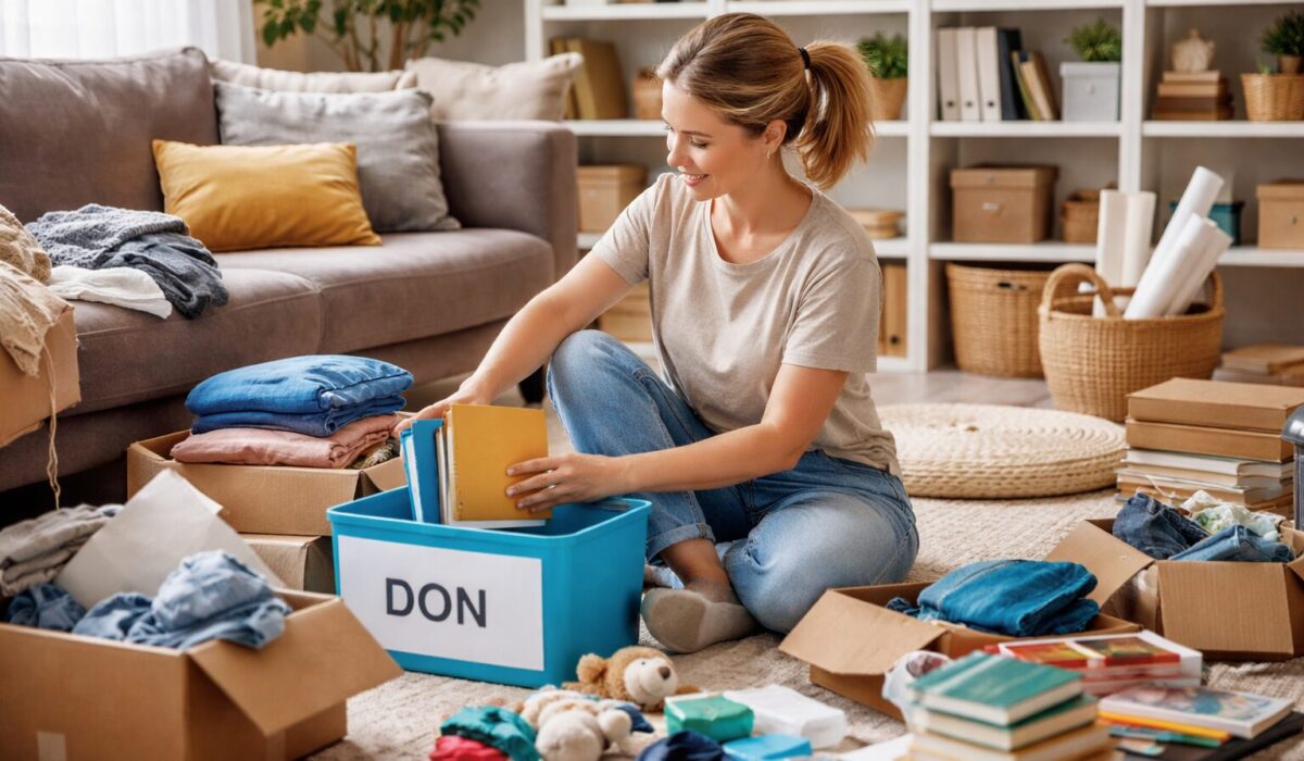 Femme assise au sol dans un salon lumineux, triant des vêtements et des livres dans une boîte “DON” au milieu de cartons.