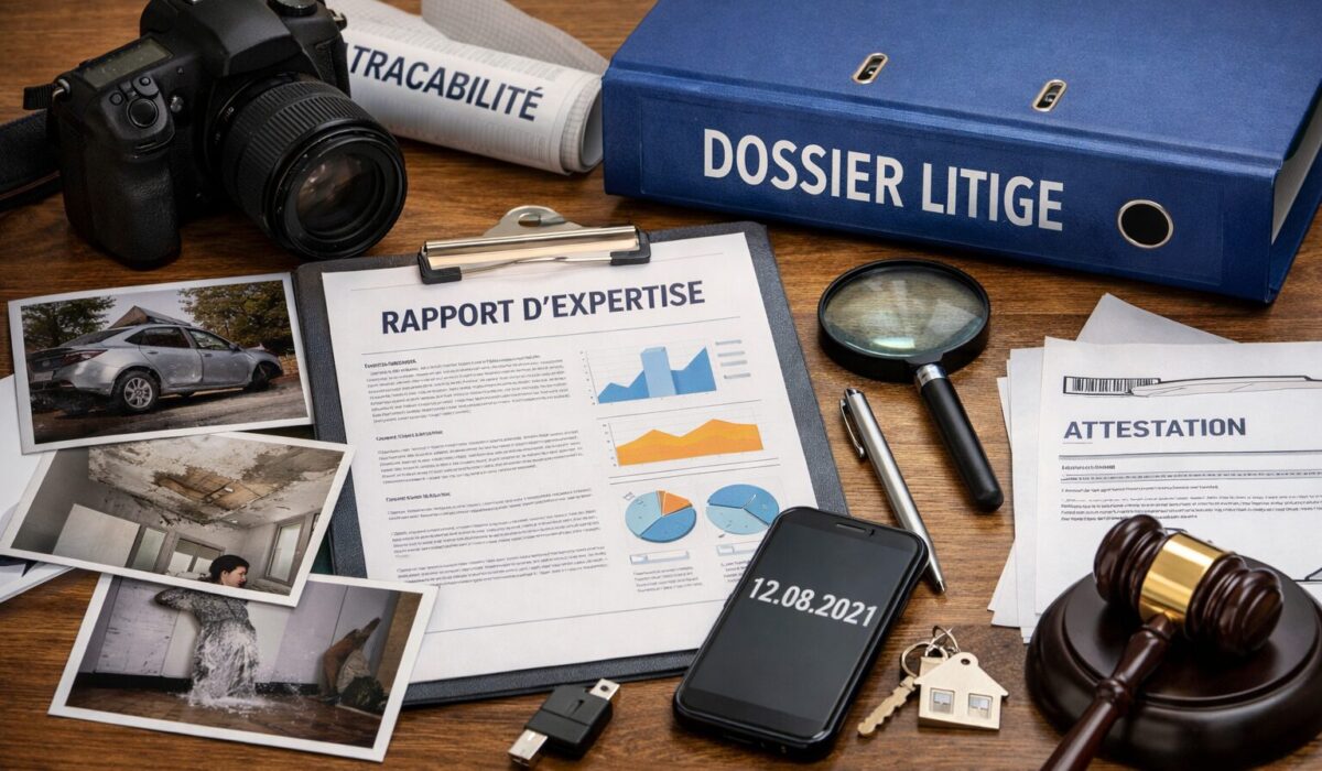 Bureau avec photos de sinistre, rapport d’expertise, classeur “dossier litige”, attestation, loupe et marteau de juge illustrant la constitution d’un dossier de preuves.