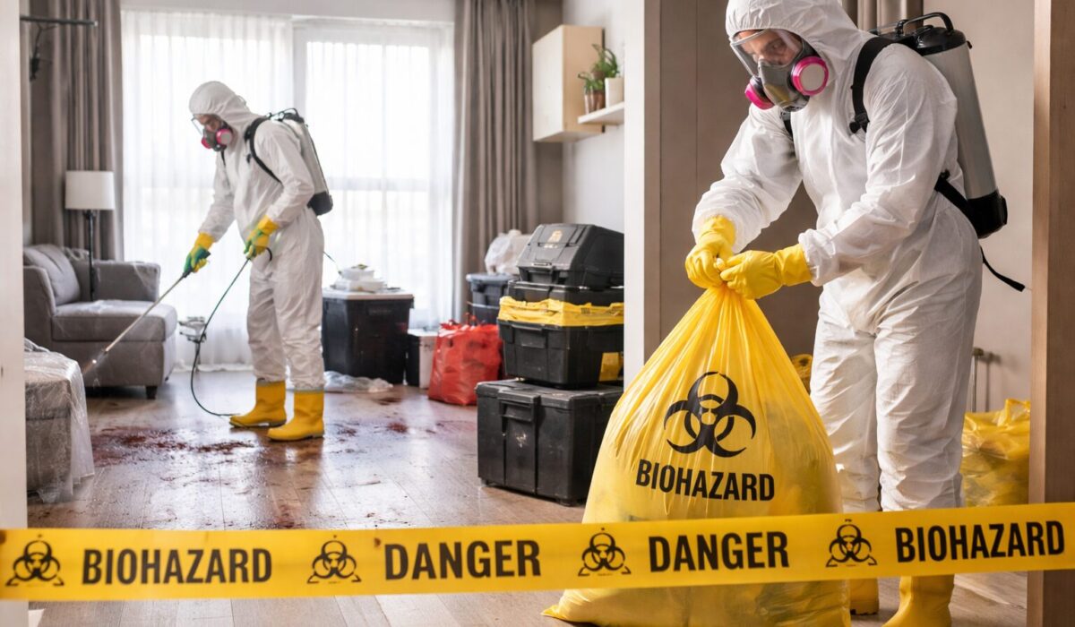 Techniciens en combinaison de protection réalisant une décontamination après décès dans un appartement, avec sac biohazard et ruban de sécurité.