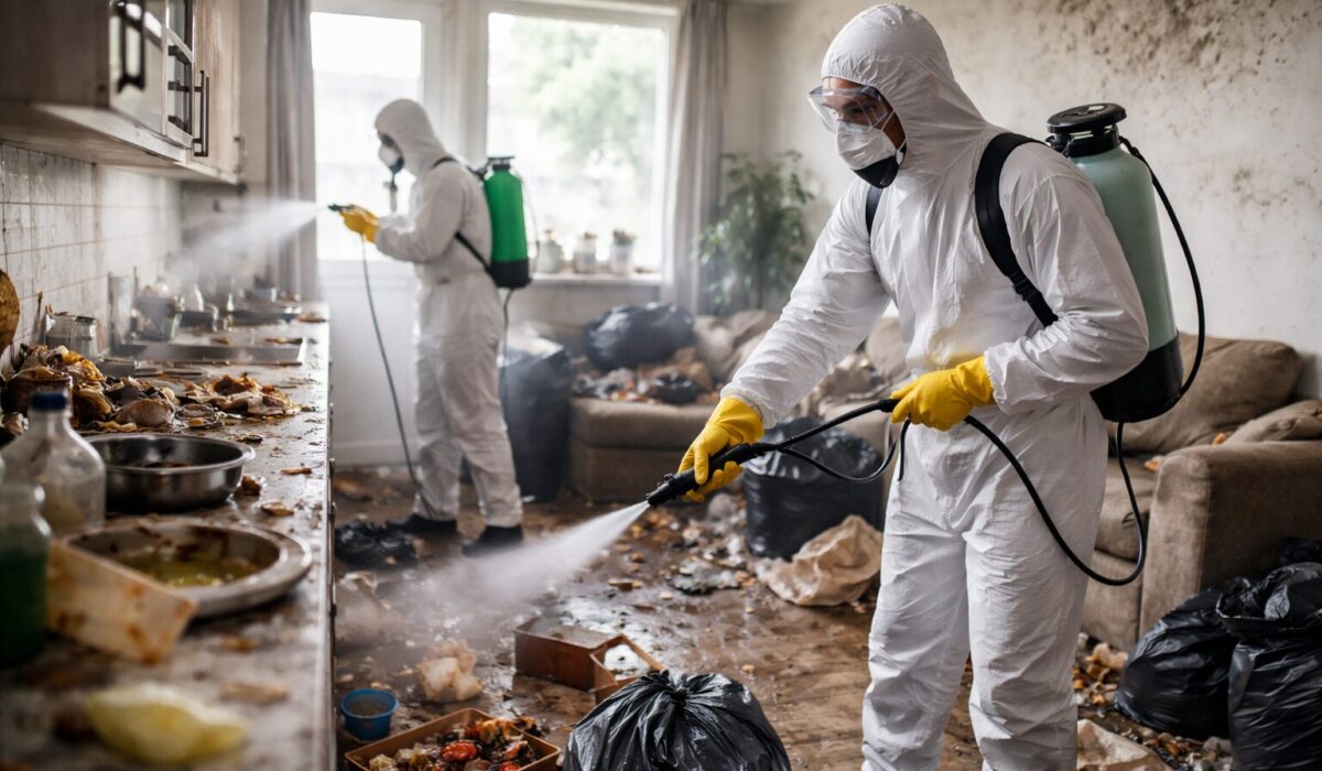Une équipe de nettoyage professionnel désinfecte un appartement infesté de moisissures et de déchets, portant des équipements de protection.