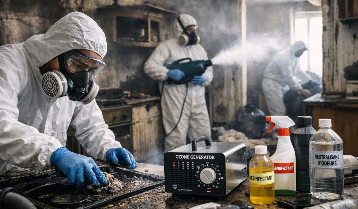 Équipe de nettoyage en combinaison de protection réalisant un dégraissage et une désinfection dans une pièce fortement encrassée, avec générateur d’ozone et produits de neutralisation des odeurs