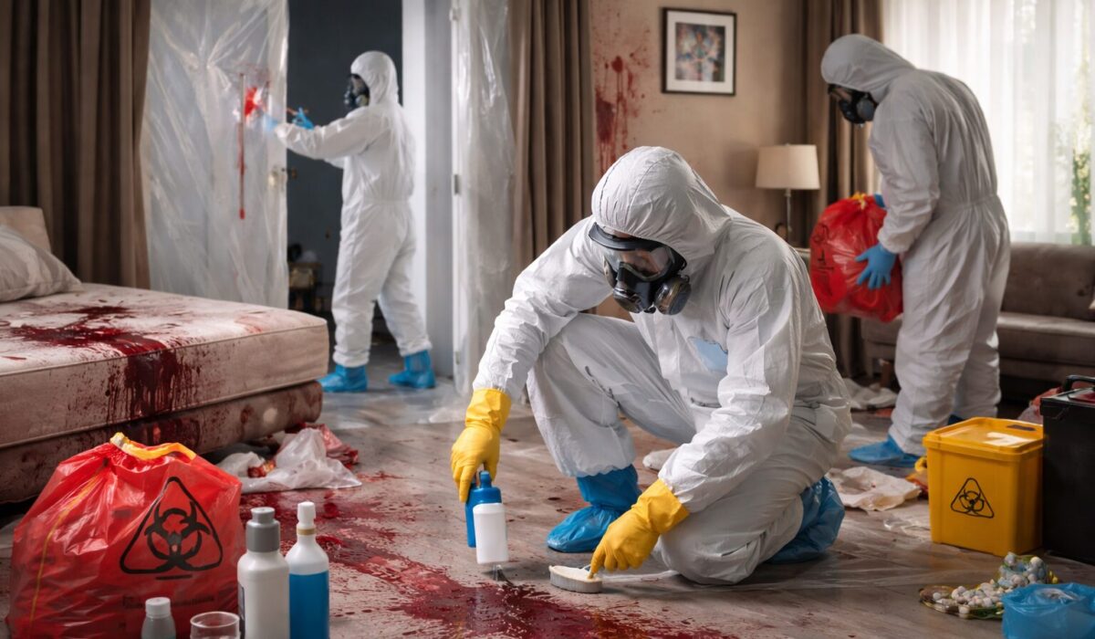 Équipe en combinaison de protection réalisant un nettoyage et une décontamination après décès traumatique dans une chambre, avec zone confinée et déchets conditionnés.