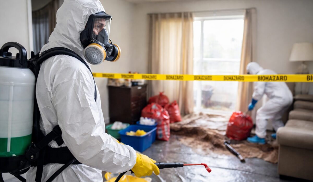 Technicien en combinaison de protection et masque respiratoire réalisant une décontamination biologique dans un salon, avec zone balisée et sacs de déchets sécurisés.