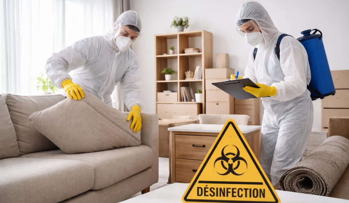 Deux professionnels en combinaison de protection inspectent un canapé et un meuble dans un salon après une opération de désinfection, avec un panneau de signalisation “Désinfection” au premier plan.
