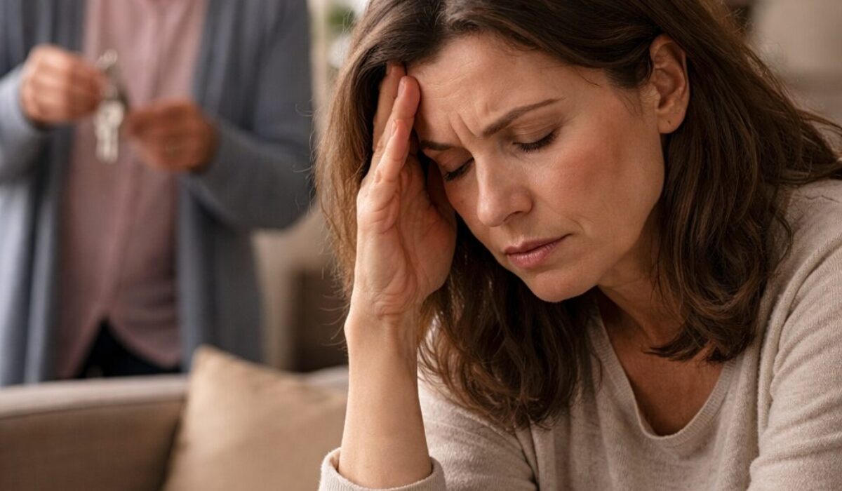Aidante épuisée assise sur un canapé pendant qu’une personne âgée confuse tient des clés en arrière-plan