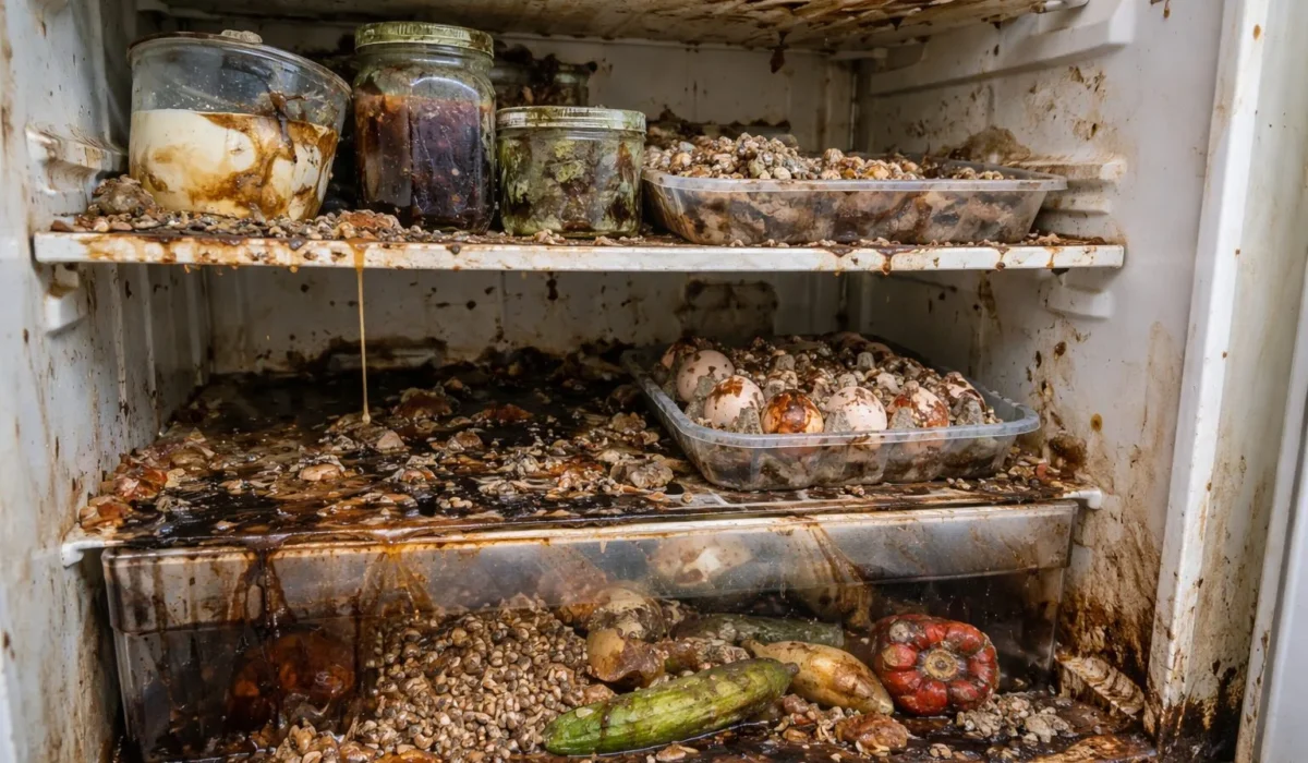 Comment désinfecter un frigo laissé à l’abandon avec liquides, moisissures et asticots ?