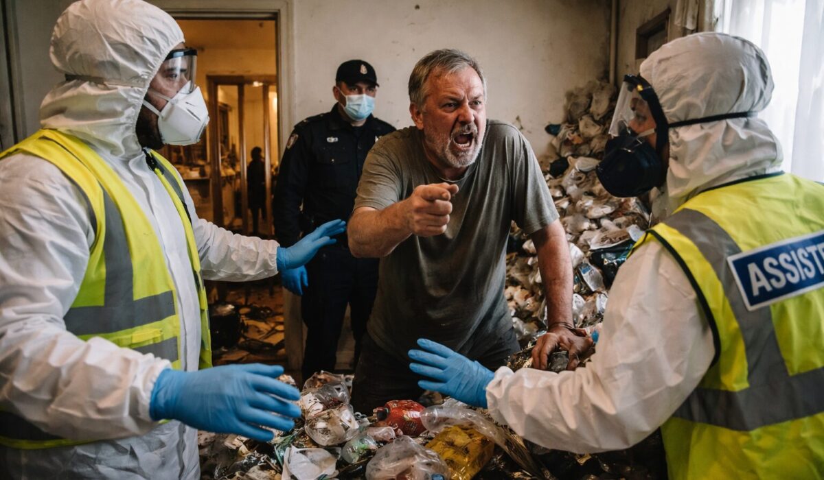 Équipe d’intervention en tenue de protection dialoguant avec une personne en colère dans un logement très encombré, avec un policier en arrière-plan.