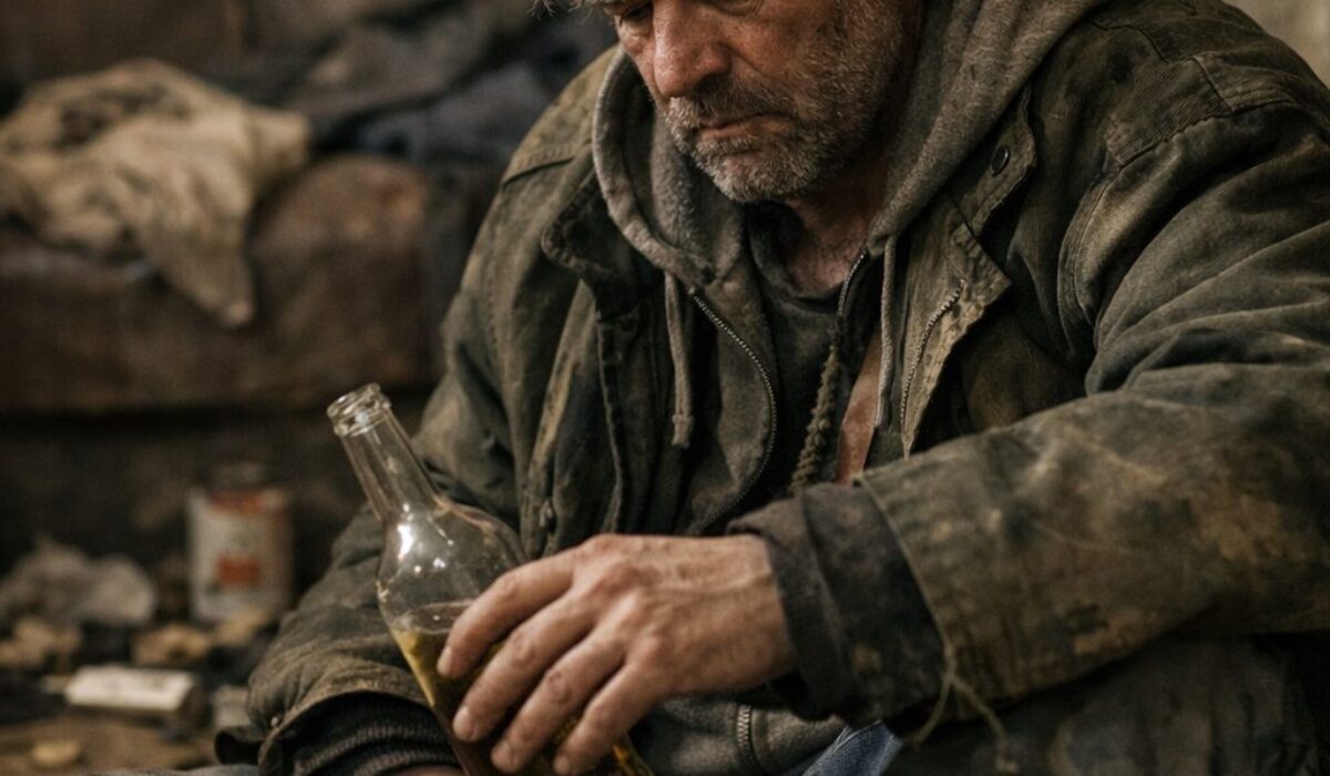 Homme en situation de grande précarité assis dans une pièce sombre, illustrant le retard de diagnostic du syndrome de Korsakoff derrière une image sociale de marginalité