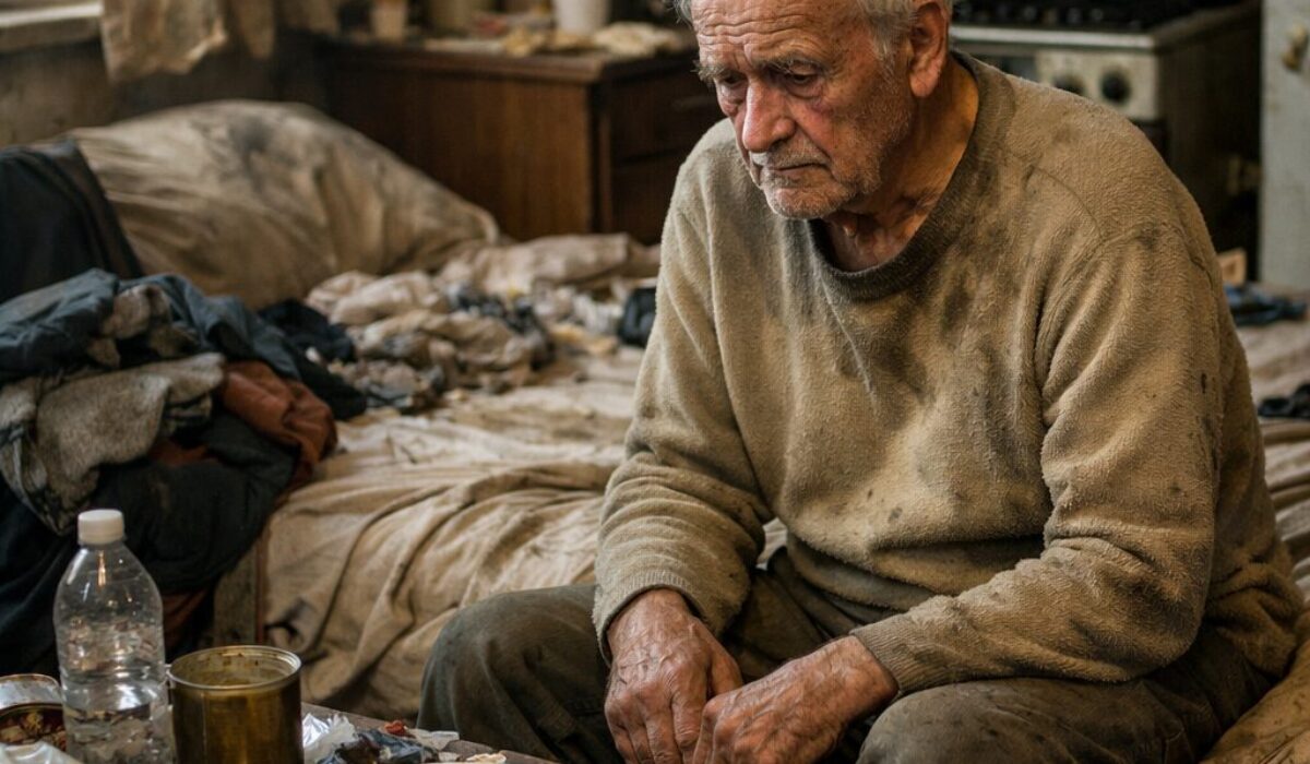 Homme âgé assis dans un logement dégradé, signe possible d’une aggravation clinique malgré une apparente stabilité