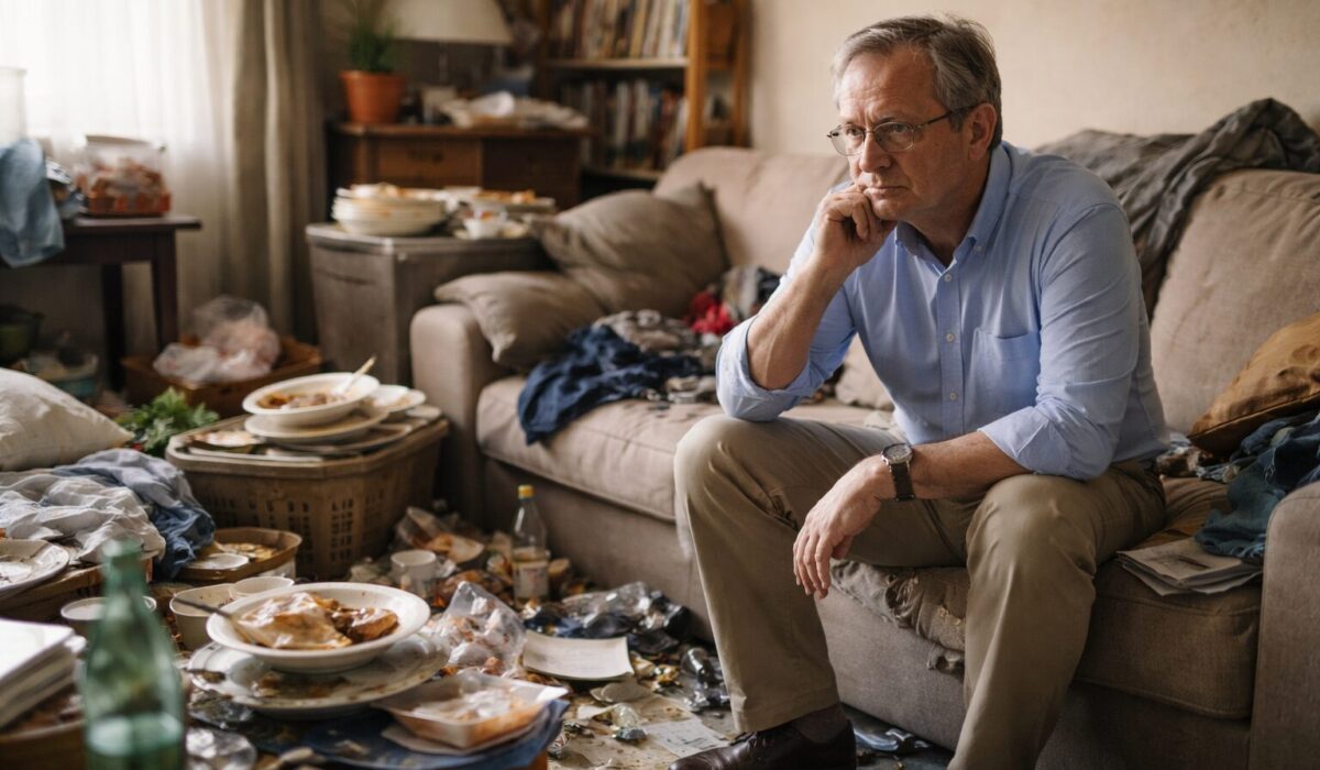 Patient assis dans un salon très encombré, illustrant le contraste entre sa lucidité verbale et son incapacité à maintenir un espace de vie praticable.