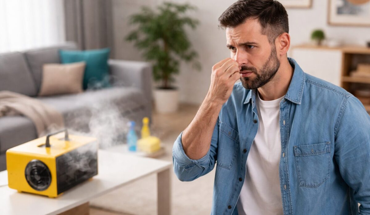 Homme se pinçant le nez dans un salon après une désodorisation, avec un générateur d’ozone sur une table et des produits de nettoyage en arrière-plan.