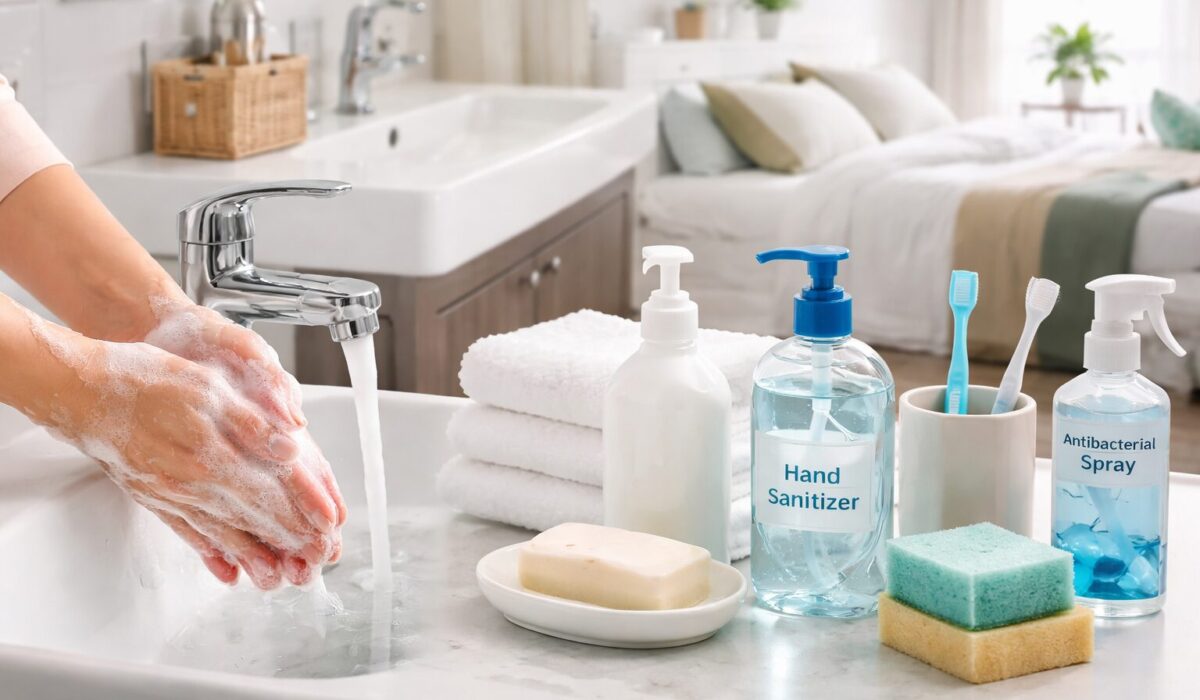 Une personne se lave les mains avec du savon dans une salle de bain lumineuse, avec des produits d'hygiène tels que du gel hydroalcoolique, du savon et des éponges visibles sur le comptoir.
