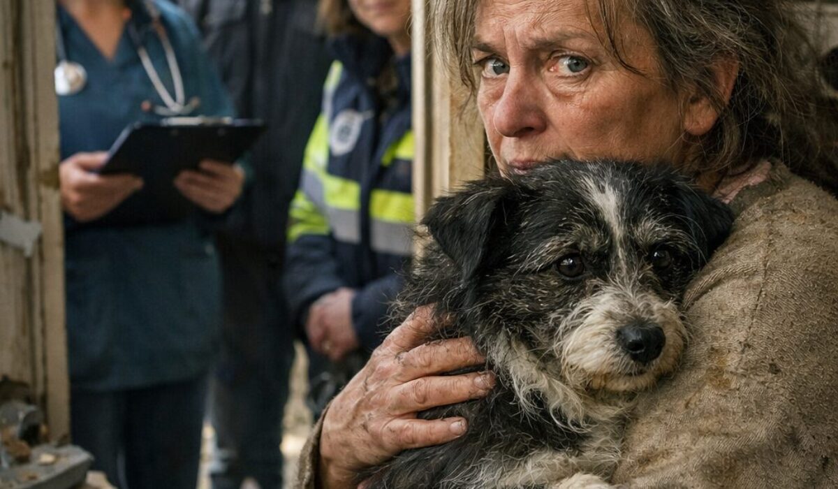 Patiente atteinte du syndrome de Noé tenant un chien dans ses bras devant un vétérinaire, un travailleur social et une intervenante de la protection animale