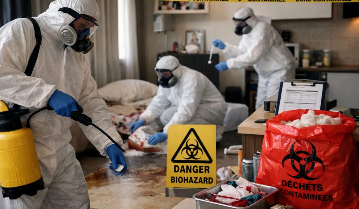 Techniciens en combinaison de protection réalisant une désinfection post mortem dans un appartement avec signalisation zone contaminée et déchets biologiques sécurisés