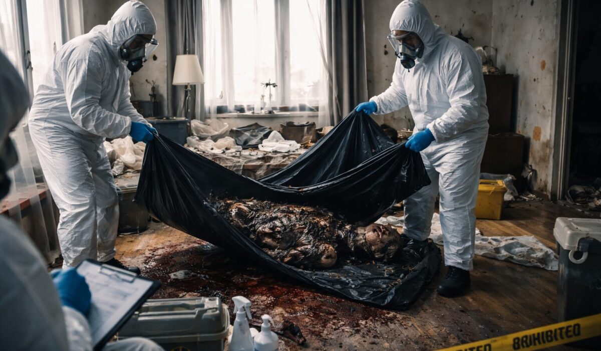 Professionnels en combinaison de protection intervenant dans un logement après un décès prolongé, illustrant les enjeux sanitaires liés à la décomposition