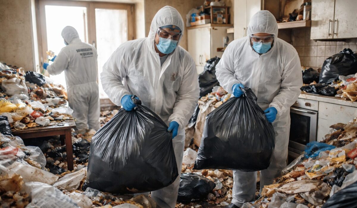 Équipe de nettoyage en tenue de protection évacuant des sacs de déchets dans une cuisine très encombrée lors d’une intervention Diogène avancée