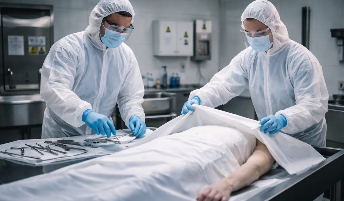 Deux professionnels en tenue de protection réalisent une intervention post mortem en environnement stérile, avec matériel médical préparé sur une table