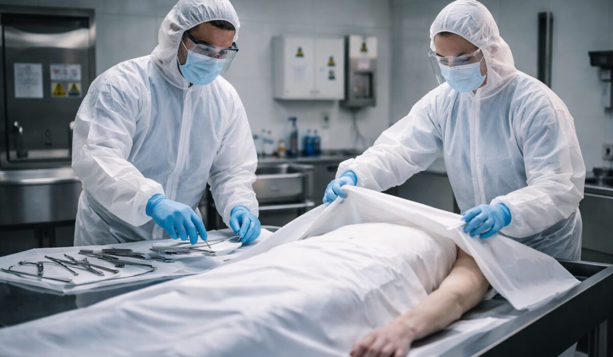 Deux professionnels en tenue de protection réalisent une intervention post mortem en environnement stérile, avec matériel médical préparé sur une table