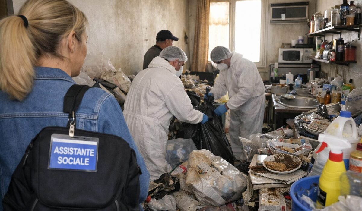 Assistante sociale sur le seuil d’un logement très encombré, tandis qu’une équipe en tenue de protection trie et évacue des déchets pour sécuriser l’habitat.