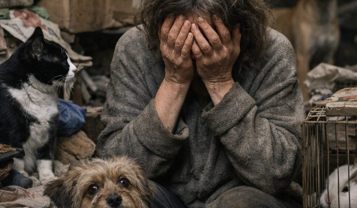 Femme en détresse au milieu de plusieurs animaux dans un logement encombré illustrant le syndrome de Noé lié à la culpabilité, à la solitude et à un passé traumatique