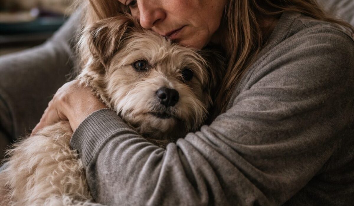 Femme tenant son chien dans ses bras, illustrant un attachement psychique exclusif entre un patient et son animal