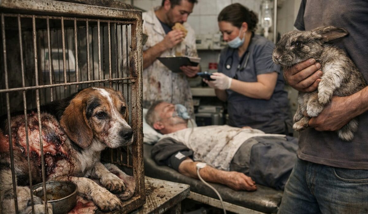 Illustration ultra réaliste montrant un animal en souffrance dans un environnement insalubre, symbolisant une perte du jugement face à la souffrance animale et au danger sanitaire pour le patient