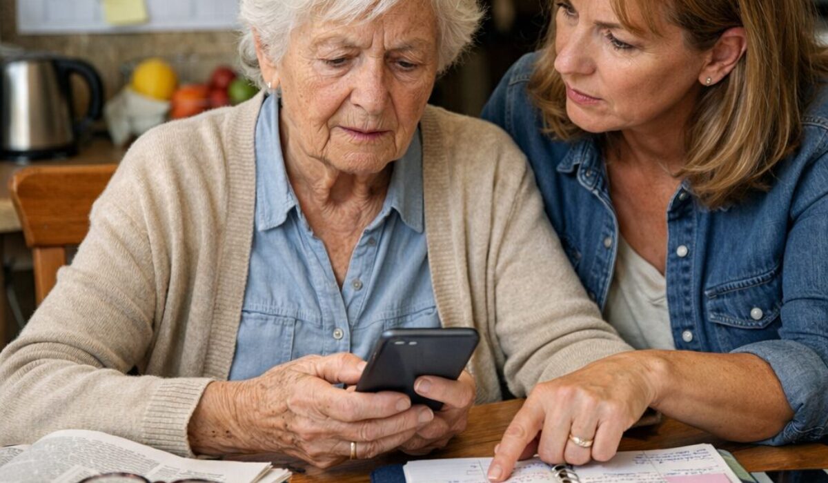 Femme âgée semblant autonome mais en difficulté pour organiser sa journée, accompagnée par une proche devant un agenda et un pilulier
