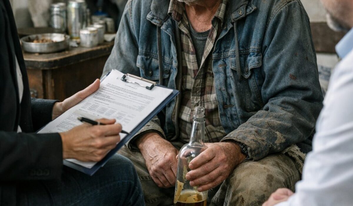 Patient atteint du syndrome de Korsakoff en situation de vulnérabilité, entouré de professionnels évaluant la nécessité d’une mesure de protection juridique