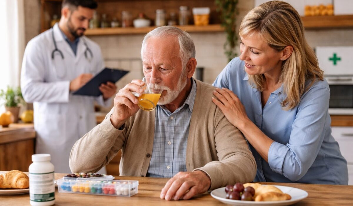 Homme âgé prenant un complément nutritionnel à table, accompagné par une proche et suivi par un professionnel de santé dans un cadre domestique