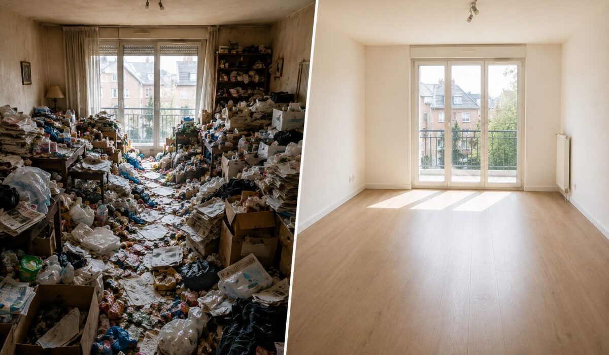 Nettoyage après syndrome de Diogène à Lille avec appartement encombré avant intervention et pièce propre après débarras