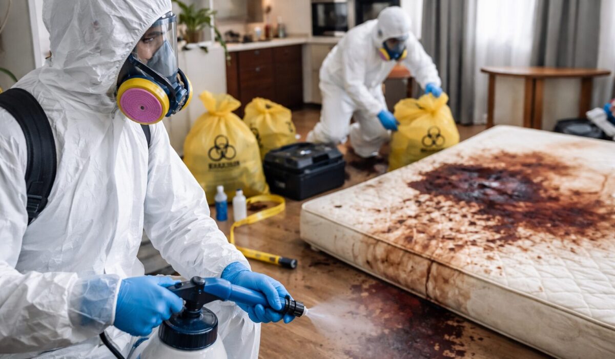 Techniciens en combinaison de protection réalisant une décontamination et une désinfection après décès prolongé, avec conditionnement des déchets biologiques