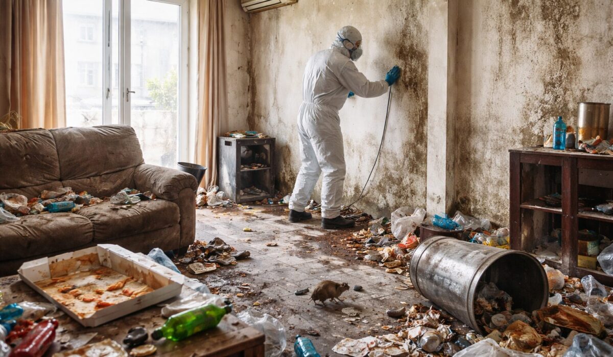 Intervention de nettoyage dans un appartement abandonné avec murs moisis, déchets au sol et présence de rongeurs, un professionnel équipé d’une combinaison de protection désinfecte les surfaces.