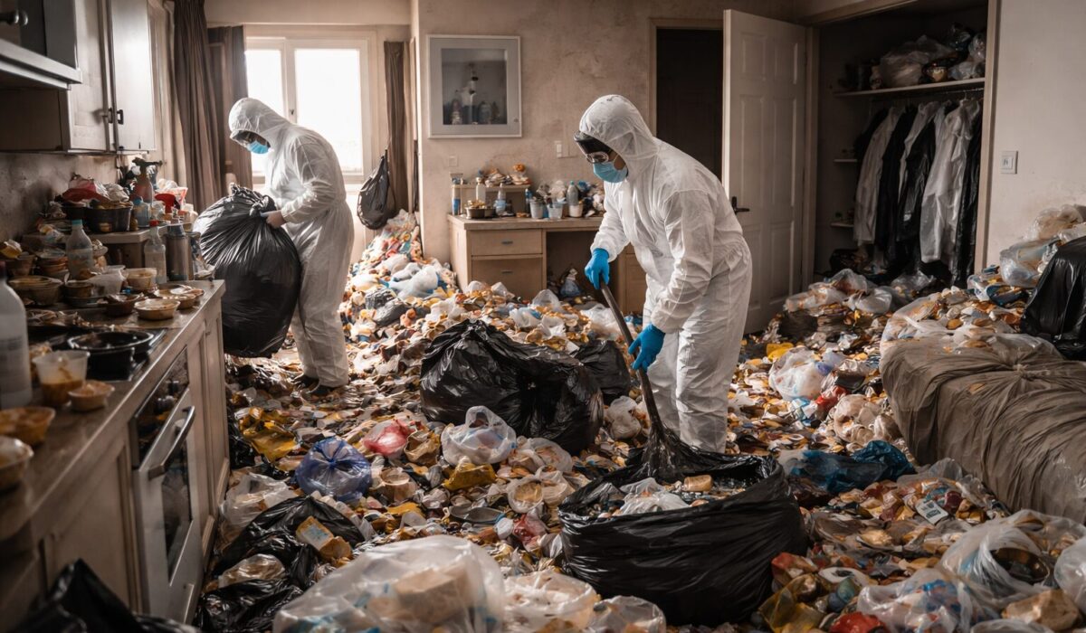 Deux agents en combinaison de protection nettoient un studio extrêmement encombré, avec sacs-poubelle, déchets au sol et kitchenette saturée.