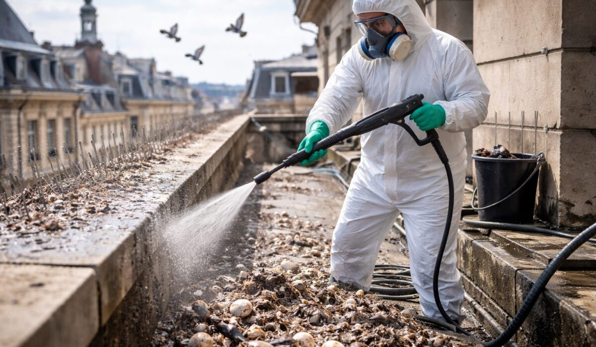Nettoyage de fientes de pigeons sur toit