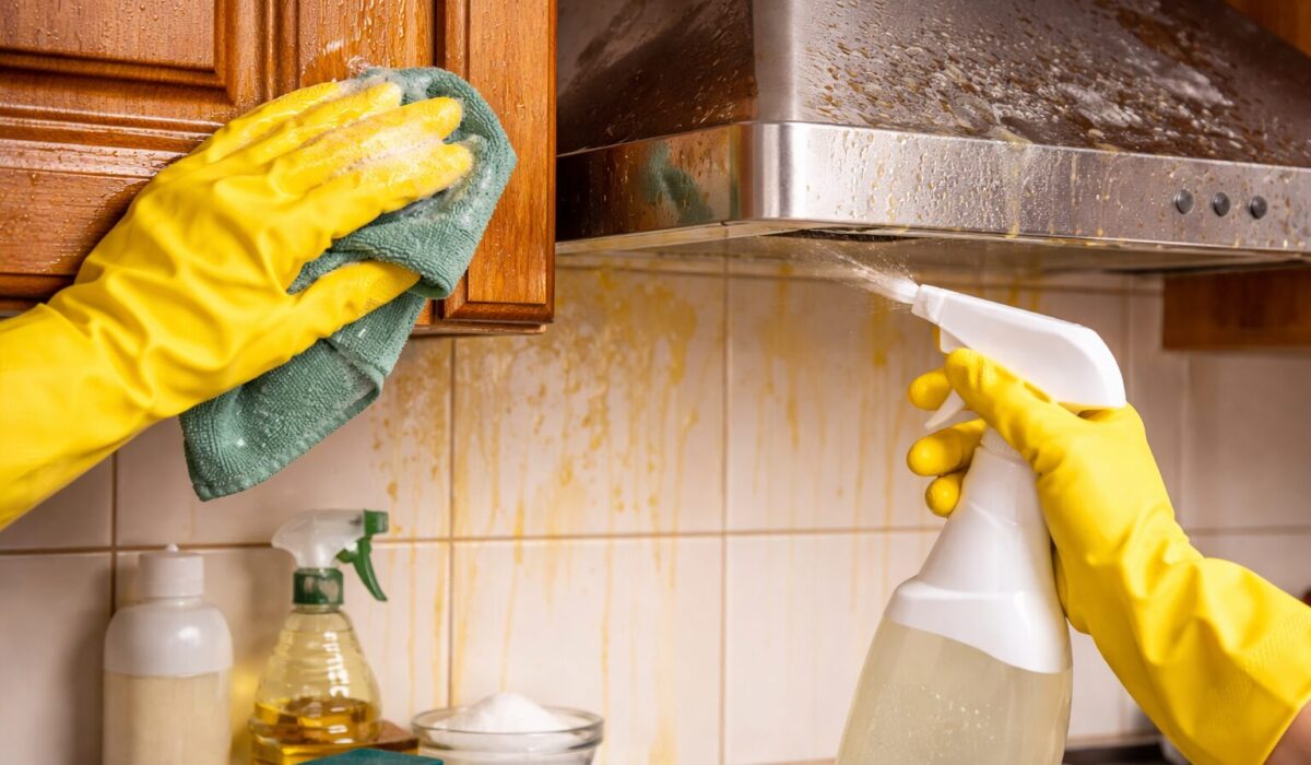Mains avec gants jaunes nettoyant un meuble de cuisine en bois et une hotte en inox avec un chiffon microfibre et un spray dégraissant