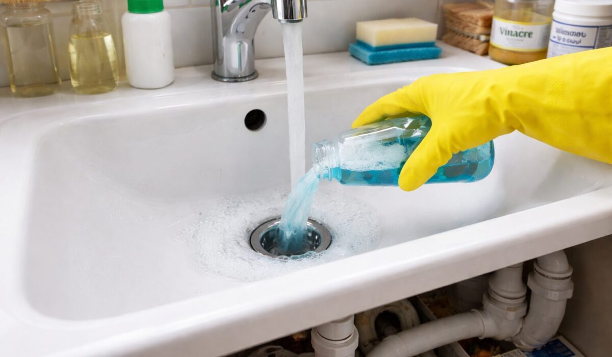 Main avec gant jaune versant un produit nettoyant dans la bonde d’un évier, avec siphon et canalisations visibles sous l’évier.