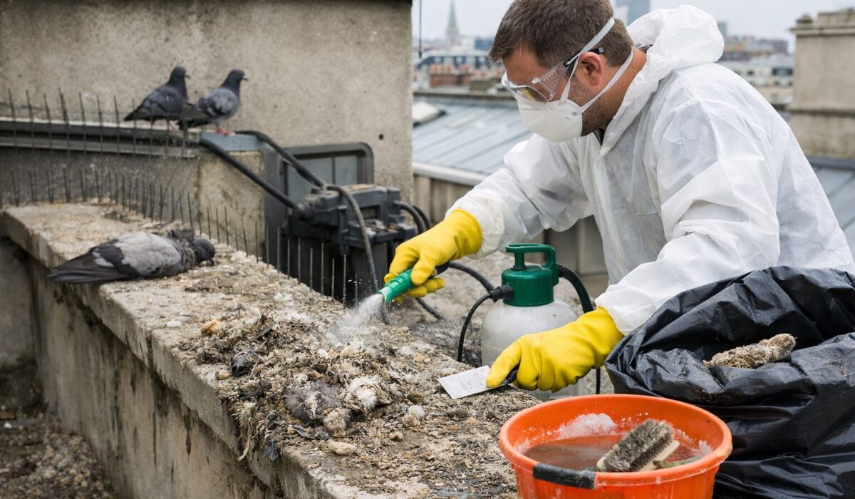 Agent en combinaison, gants et masque nettoyant des fientes de pigeon sur une corniche, avec pulvérisateur et seau, en milieu urbain