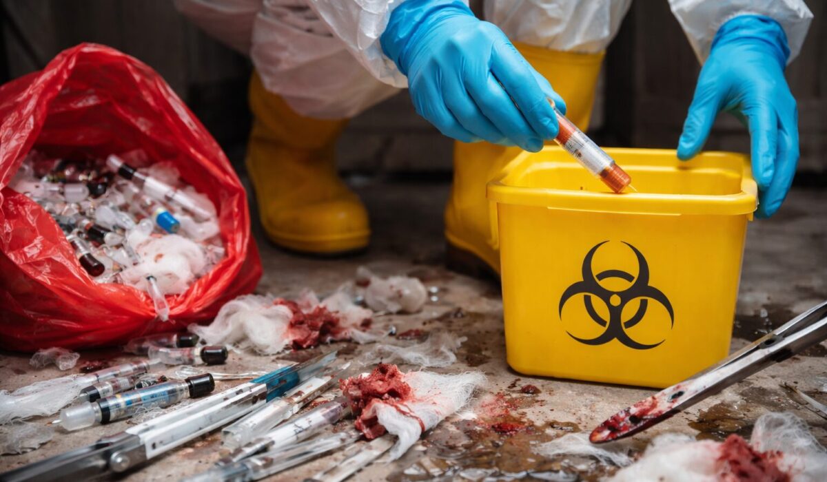 Technicien en équipement de protection jetant une seringue usagée dans un collecteur DASRI, avec déchets médicaux et objets tranchants au sol.