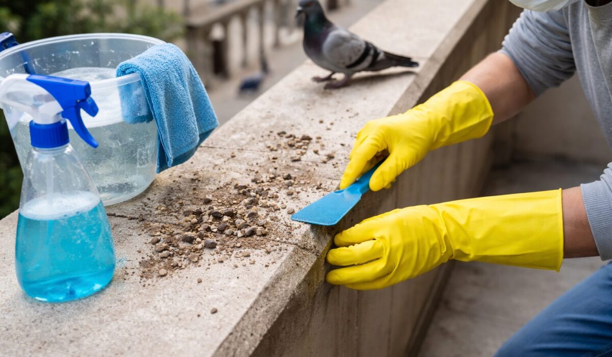 Mains gantées jaunes nettoyant des fientes de pigeon sur un rebord de balcon en pierre avec une spatule bleue, seau d’eau savonneuse et spray à proximité.